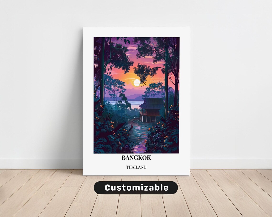 Bangkok Thailand Jungle Stream Purple Sunset Travel Art Poster