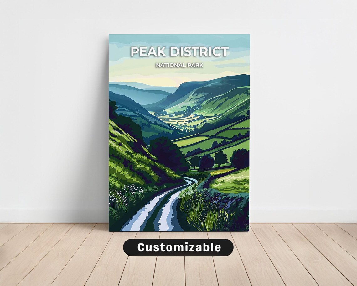 Peak District National Park Travel Poster with Green Valley and Hills