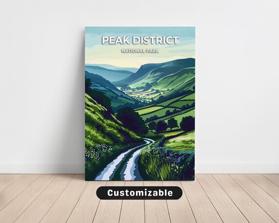 Peak District National Park Travel Poster with Green Valley and Hills