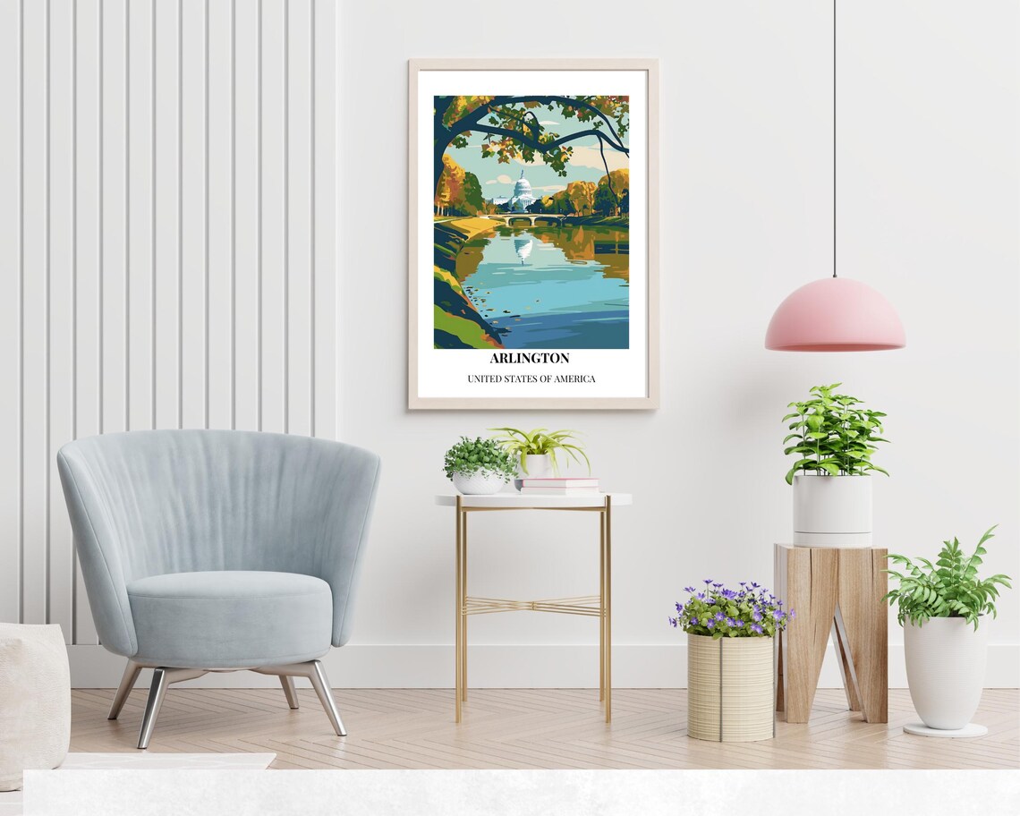 Arlington Virginia Autumn Capitol View Across Water Travel Poster - Image 2