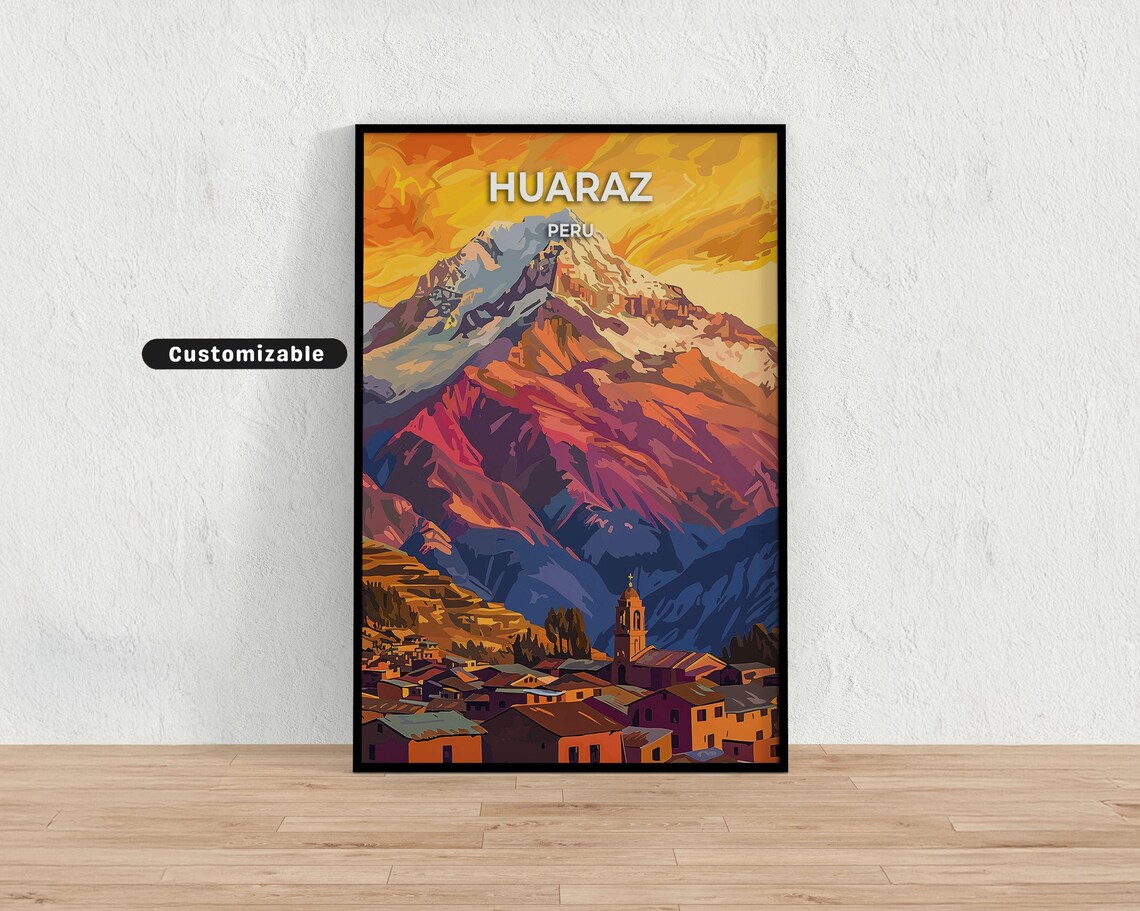 Huaraz Peru Sunset Mountain Peak Travel Poster Town Lights Customizable Decor