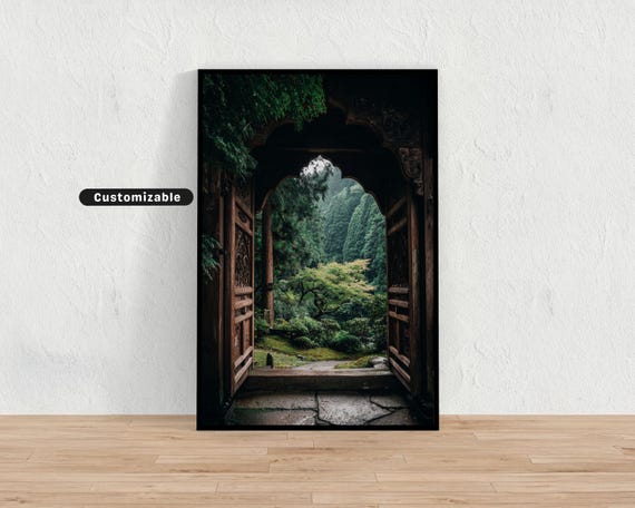 Temple Garden Gate Partially Open To Forest View Japanese Wall Art Print Zen Asian Decor