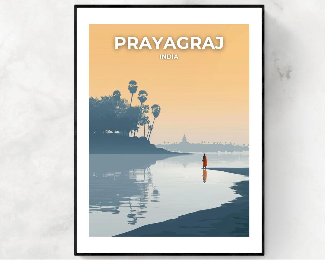 Prayagraj River Dawn Riverside Silhouette Walker Travel Poster