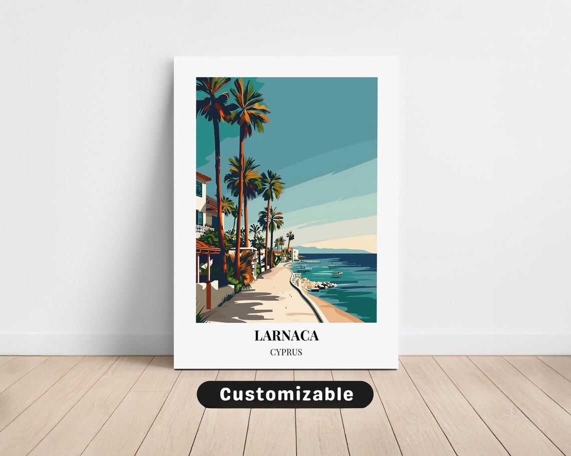 Larnaca Cyprus Palm Promenade Seaside Travel Poster Coast View