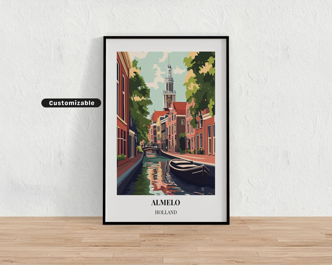 Almelo Holland Canal Tower Boat White Border Travel Poster Art