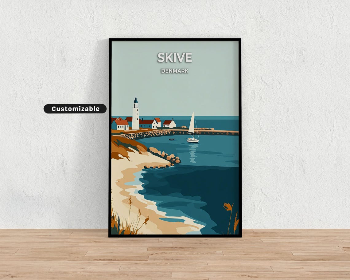 Skive Denmark Coastal Lighthouse Sailboat Beach Travel Poster