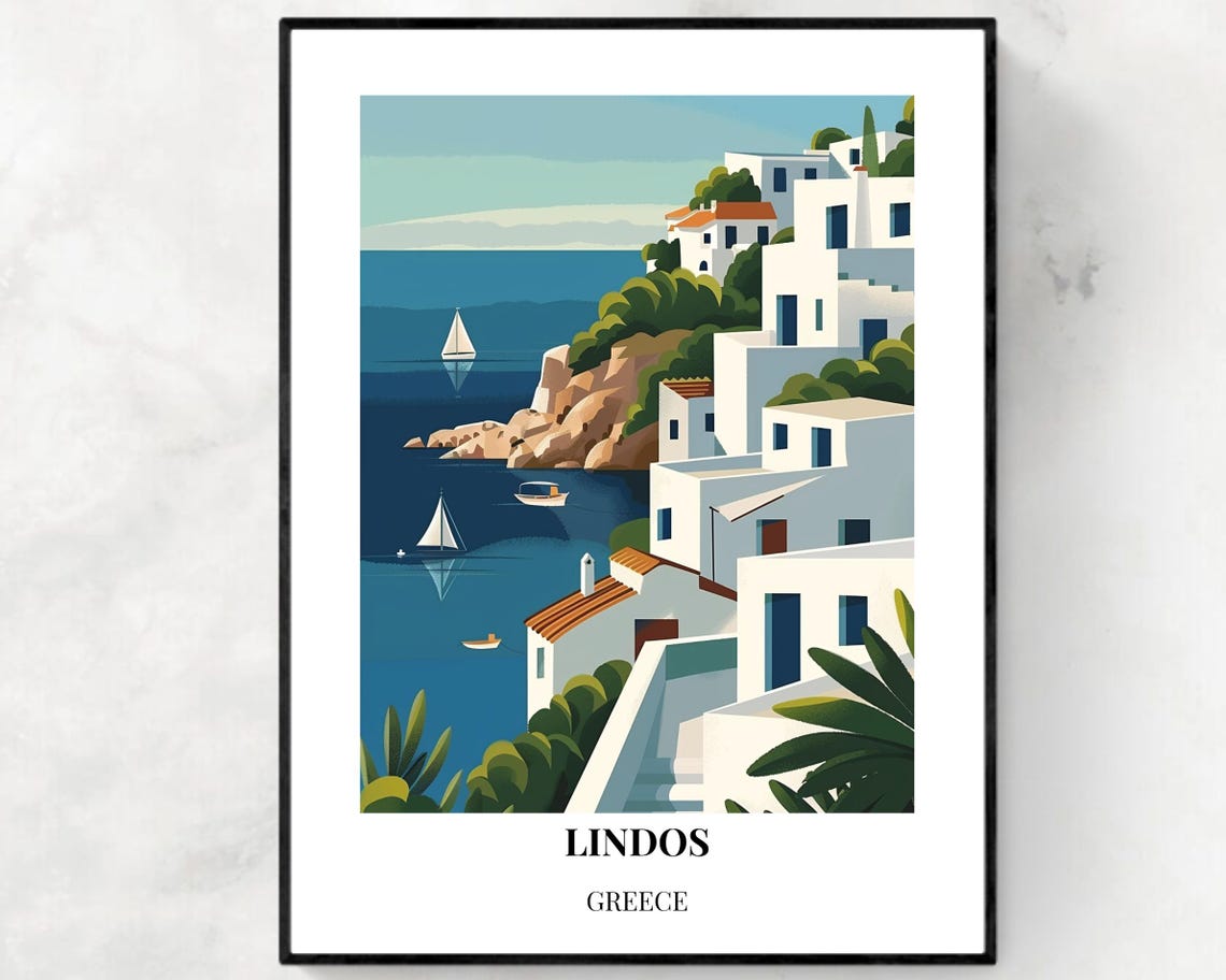 Lindos Greece Rhodes Whitewashed Village Aegean Sail Travel Poster