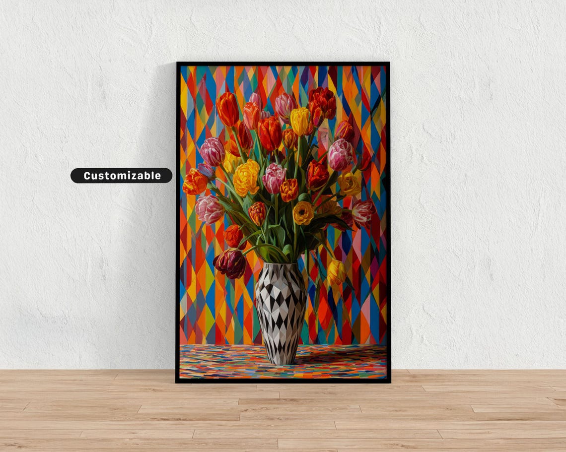 Colorful Tulip Bouquet Geometric Vase Vibrant Floral Wall Decor Poster