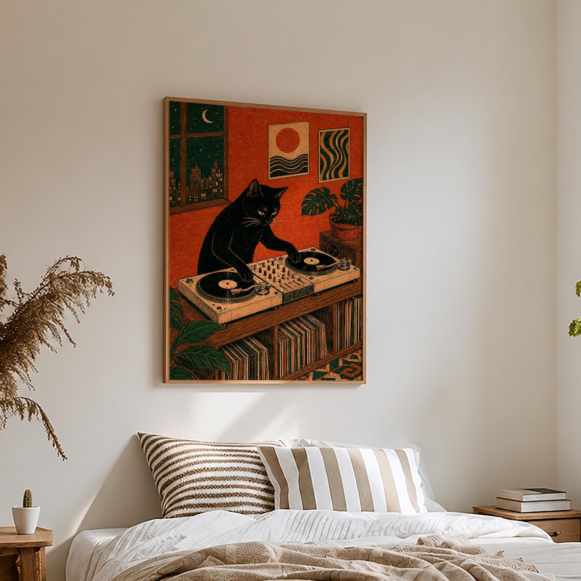 Black Cat DJ Print, Vintage Linocut Music Decor - Image 4