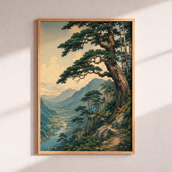Japanese Mountain Landscape Art Print Asian Poster Pine Tree Woodblock Ukiyoe Nature Painting