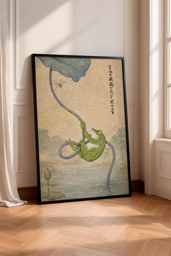 Surreal Frog On A Water Lily Vintage Japanese Style Poster Retro Amphibian Illustration With Dragonfly Whimsical Wall Art For Modern Home