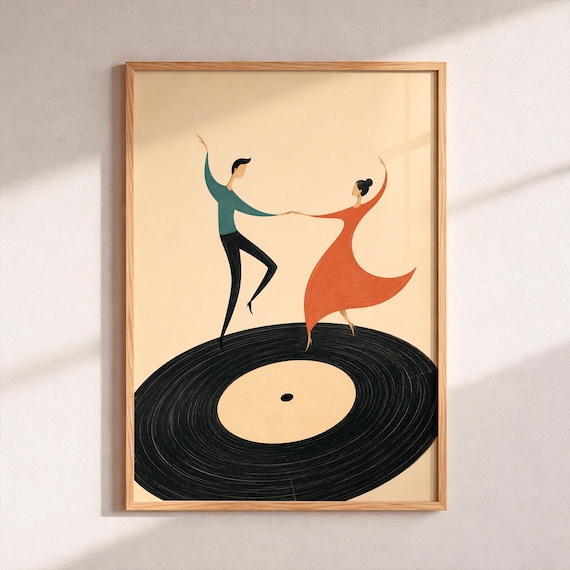 Dancing On Vinyl Print Retro Couple Music Poster Vintage Record Wall Art Mid Century Modern Decor Whimsical Dance Painting Jazz Gift