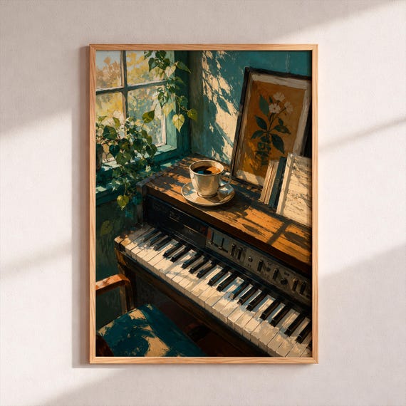 Impressionist Piano Art Print Cozy Coffee Morning Poster Oil Painting Illustration Vintage Music Room Wall Decor Moody