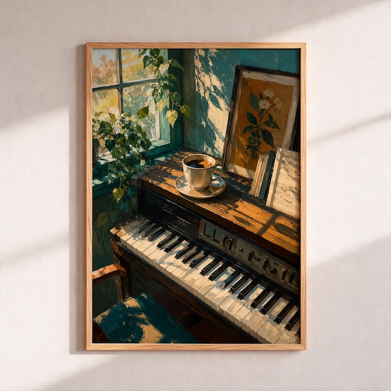 Sunlit Piano Corner Morning Coffee Cup Sheet Music Cozy Room Art Poster