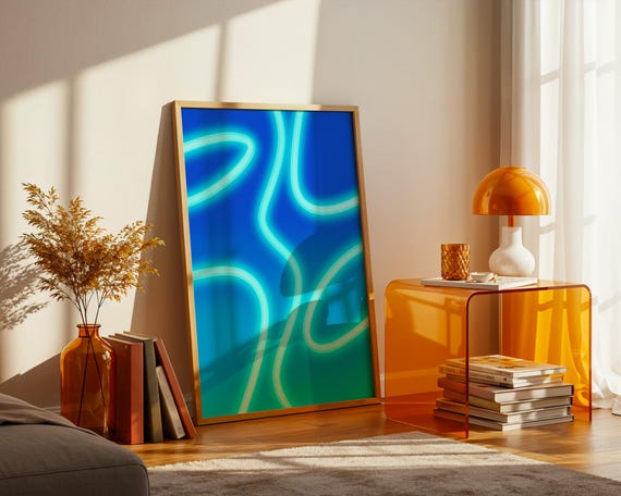 Neon Blue Abstract Wall Art Glowing Lines Gradient Poster Futuristic Cyberpunk Decor Modern Minimalist Digital Print Electric