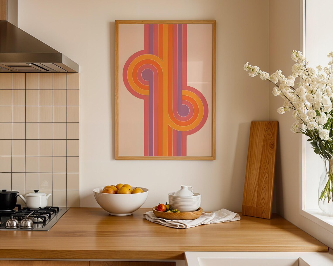 Retro Seventies Rainbow Stripes Geometric Orange Pink Art Poster