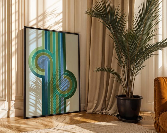 Minimalist Retro Loop Flow Art Print Modern Geometric Circle Poster Forest Green Teal Wall Decor Chic Midcentury Home Office Gift Idea