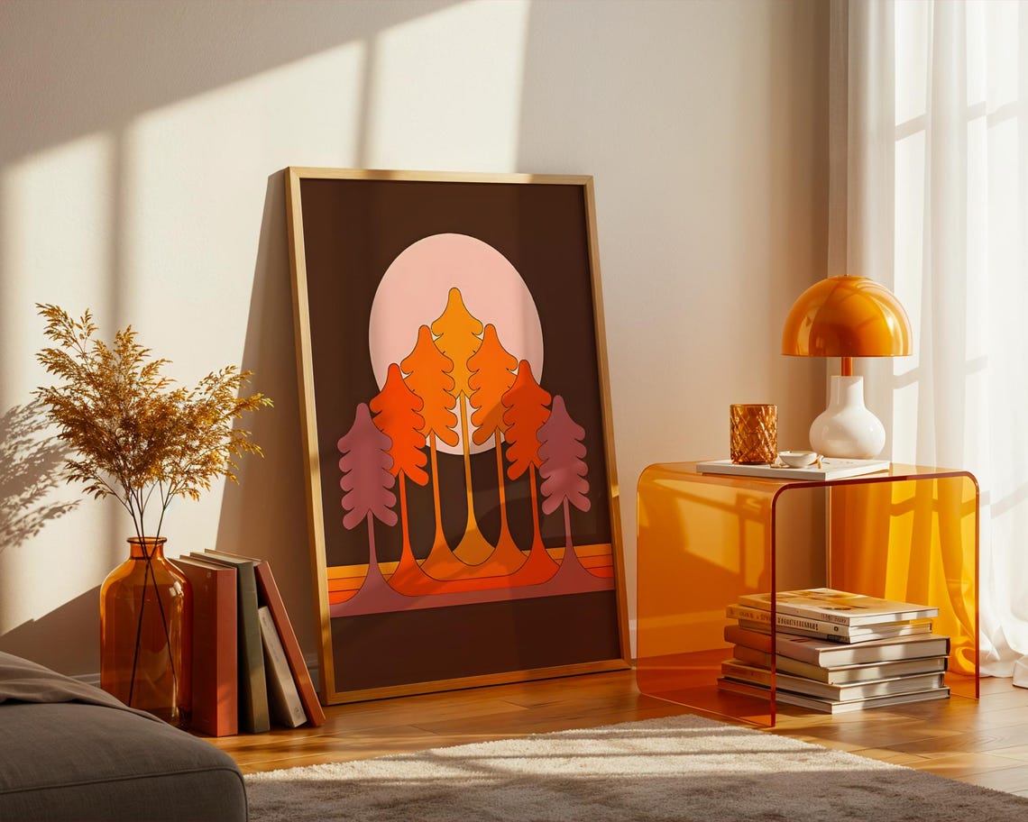 Warm Retro 70s Pine Forest Sunset Mid Century Modern Style Print