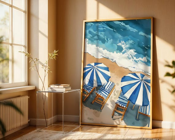 Aerial Beach Umbrella Art Print Blue White Striped Coastal Decor Nautical Summer Poster Mediterranean Aesthetic Wall