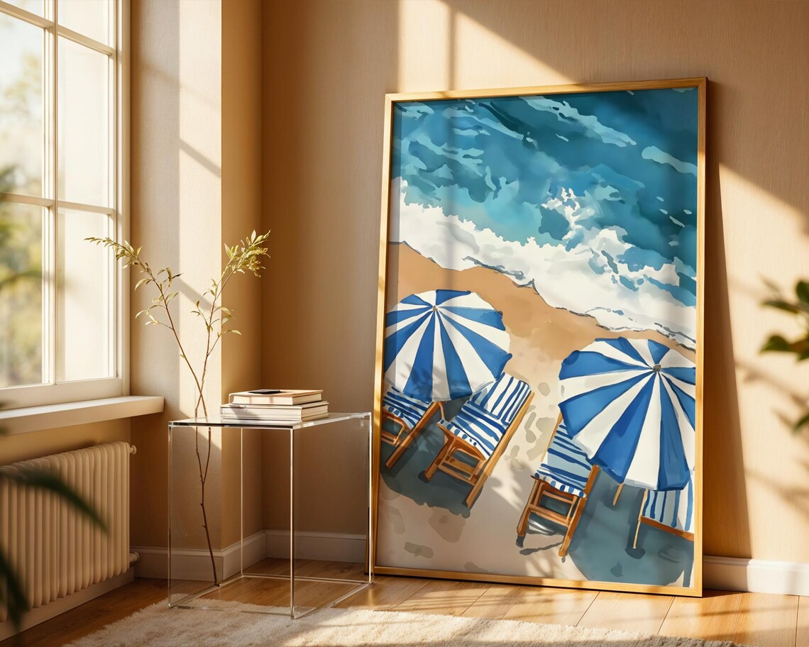 Aerial Beach Umbrella Painting Blue White Striped Coastal Scene Art Print