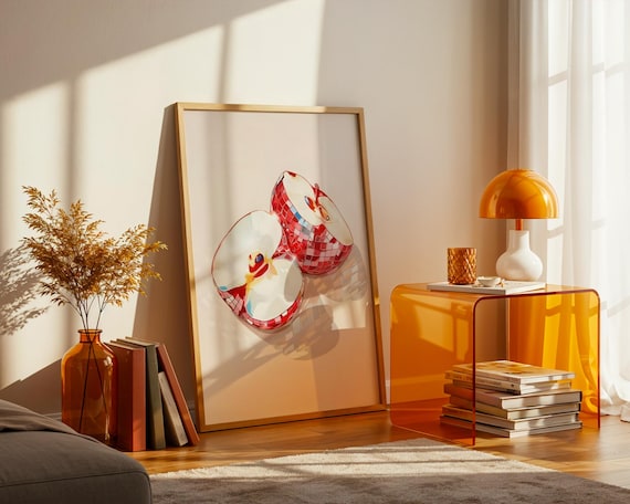 Red Disco Ball Apple Art Print Retro Mirror Fruit Poster Fun Kitchen Wall Decor Bar Cart Quirky Dopamine Gift Idea