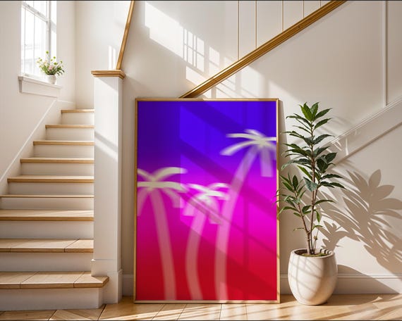 Neon Palm Tree Sunset Art Print Electric Pink Blue Blur Poster Modern Tropical Gradient Wall Decor Y2k Beach Gift Idea