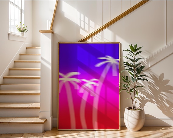 Neon Palm Tree Sunset Blur Pink Purple Electric Retro Modern Poster