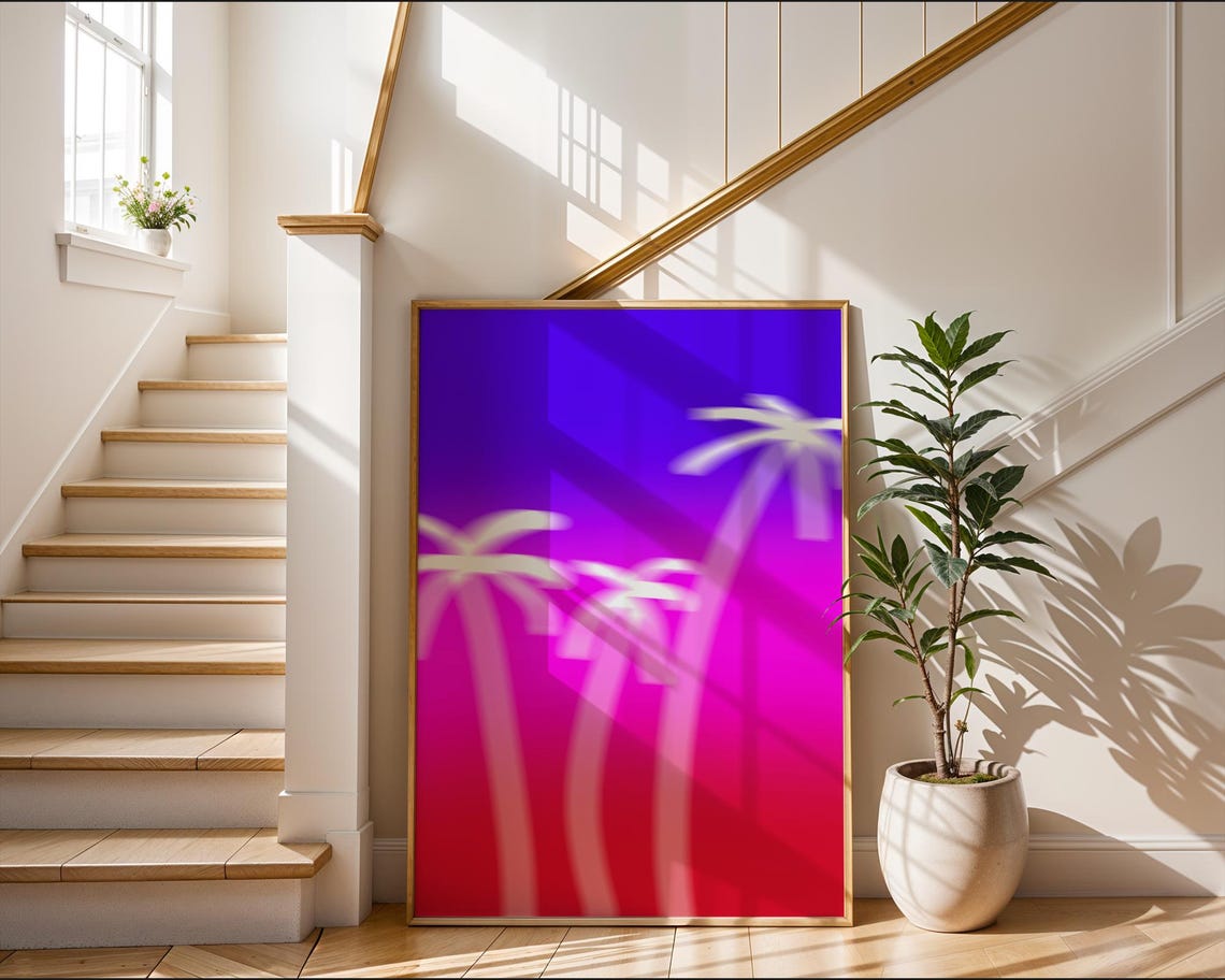 Neon Palm Tree Sunset Blur Pink Purple Electric Retro Modern Poster