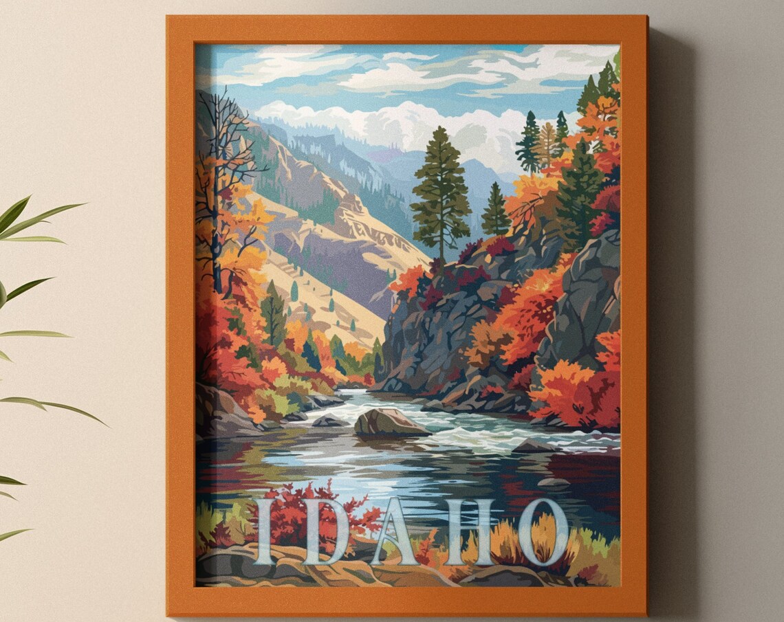 Idaho Autumn River Canyon Fall Foliage Vintage Travel Poster