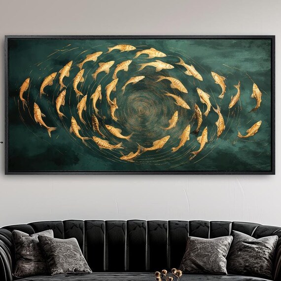 Abstract Fish Swirl Framed Wall Art Luxury Teal And Gold Painting Print Modern Aquatic Wall Decor Serene Elegant Poster Ready To Hang
