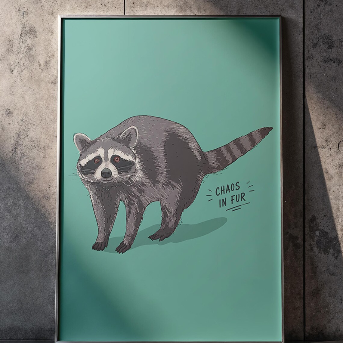 Chaos In Fur Raccoon Quirky Illustrated Animal Teal Background Poster