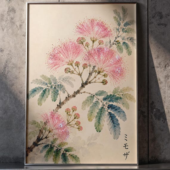 Pink Mimosa Watercolor Poster Botanical Floral Print Soft Pastel Nature Art