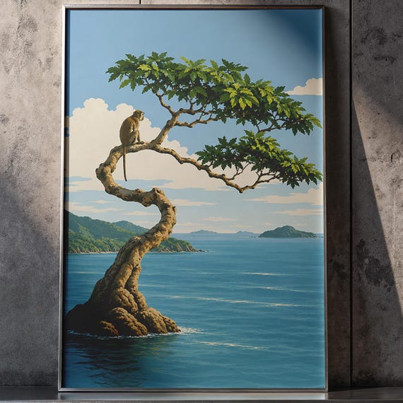 Monkey Tree Ocean Wall Poster Tropical Coastal Landscape Print Island View Animal Art