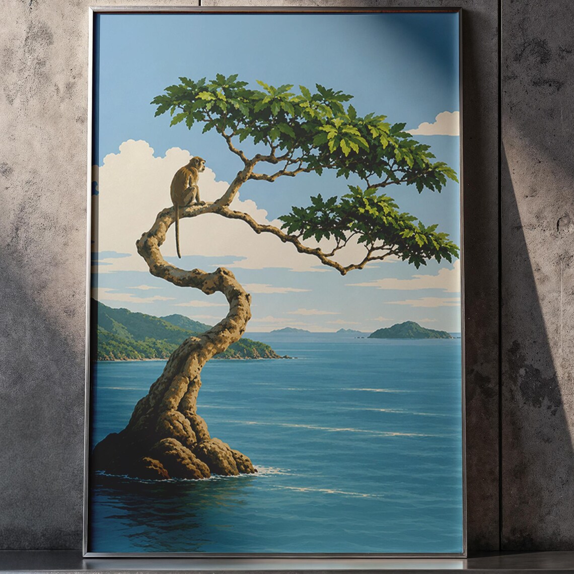 Monkey Tree Ocean Poster Tropical Coastal Landscape Painting Scene