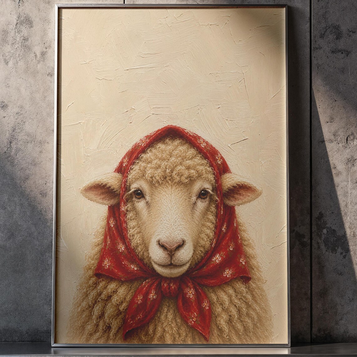 Curly Sheep Red Floral Scarf Portrait Vintage Farmhouse Animal Poster