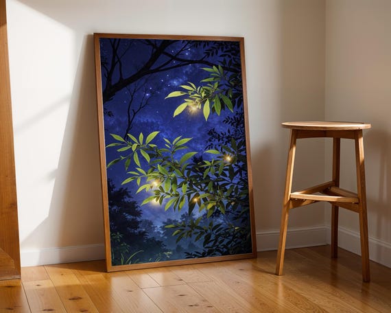 Magical Forest Night Wall Art Firefly Glow Landscape Starry Sky Nature Scene For Bedroom Or Meditation Space