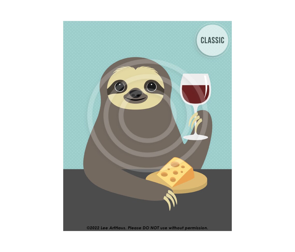Sloth Drinking Red Wine Glass Swiss Cheese Fun Kitchen Decor Wall Poster - Image 3
