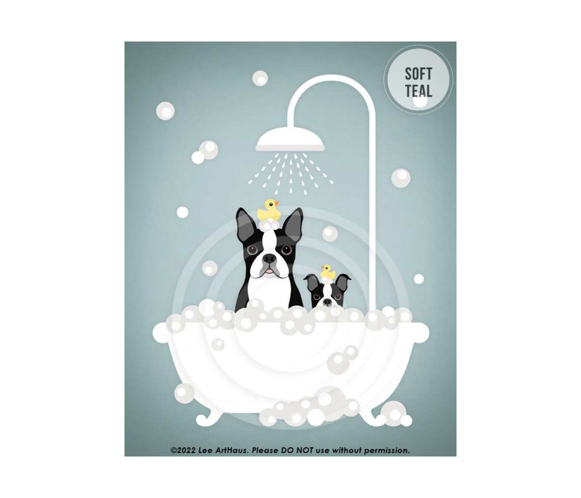 Boston Terrier Dog and Puppy in Bubble Bath Shower Cute Pet Art Poster - Image 4