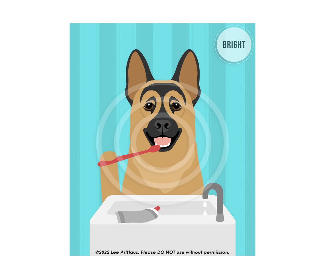 German Shepherd Brushing Teeth Bathroom Sink Toothbrush Dog Poster - Image 2