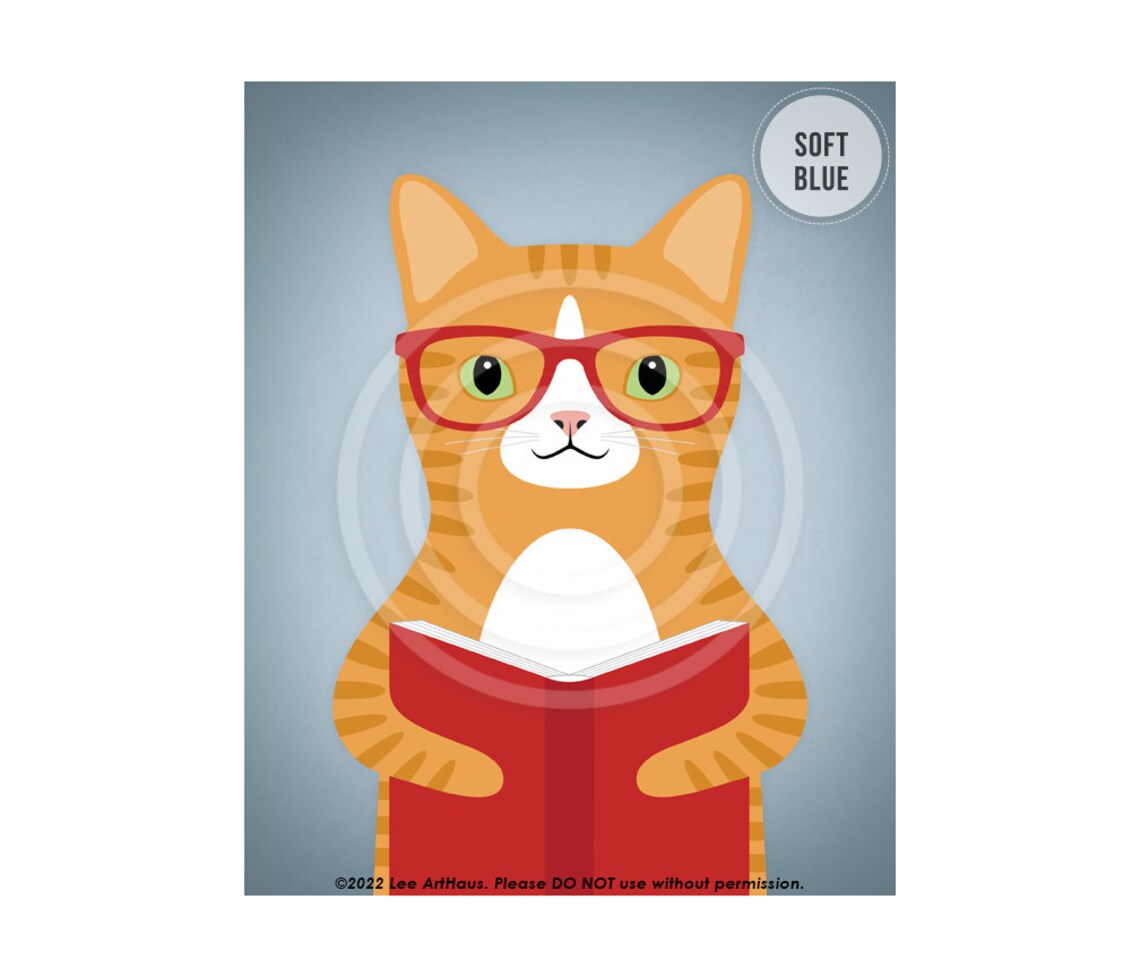 Orange Tabby Cat Reading Red Book Nerdy Glasses Funny Cat Wall Art Poster - Image 2