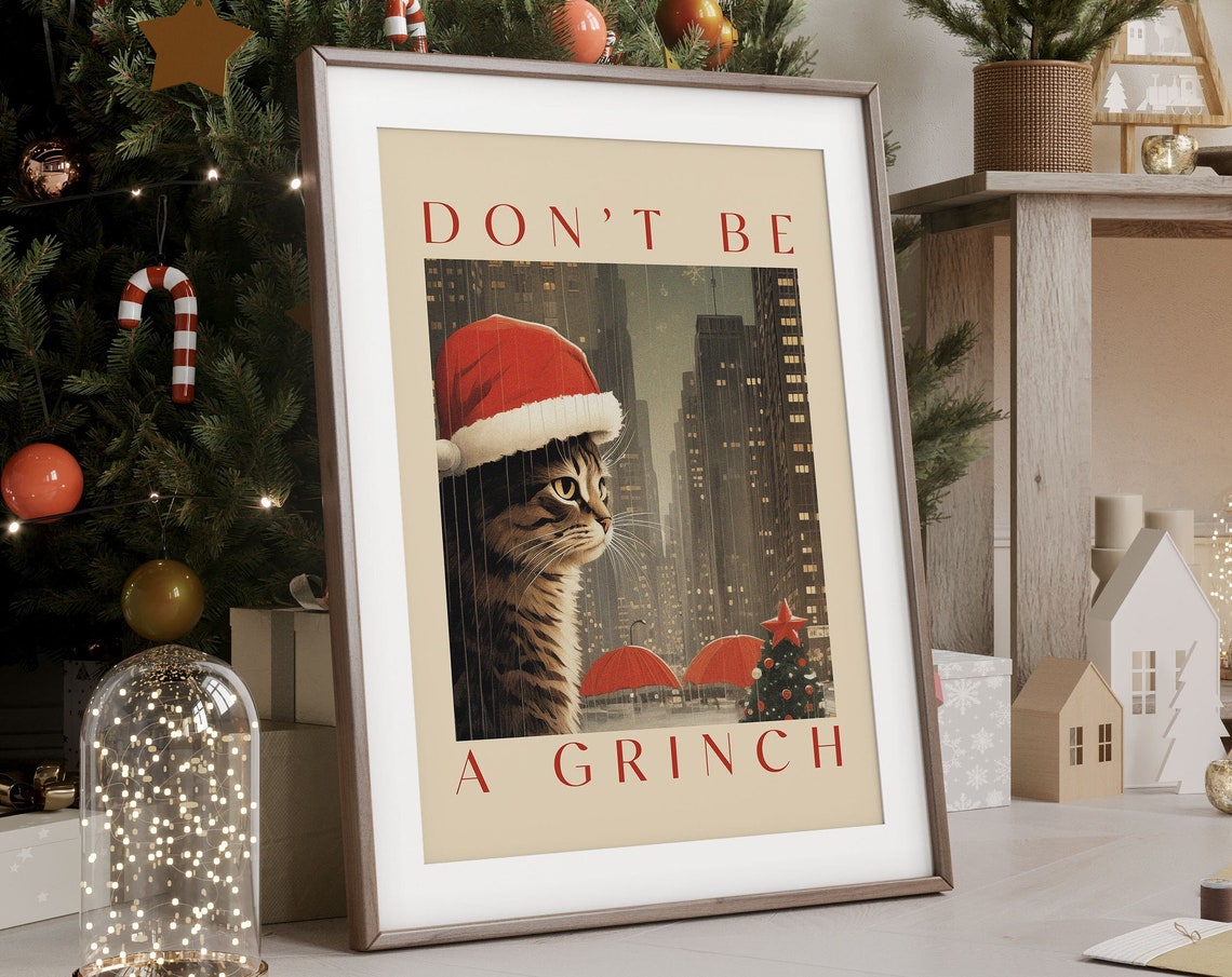 Funny Christmas Cat Print Vintage Christmas Poster Winter Wall Art Retro Holiday Wall Decor