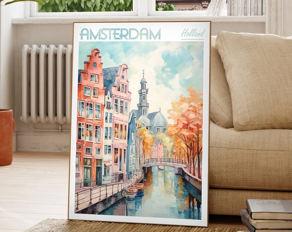 Amsterdam Holland Watercolor Canal Autumn Bridge Travel Poster