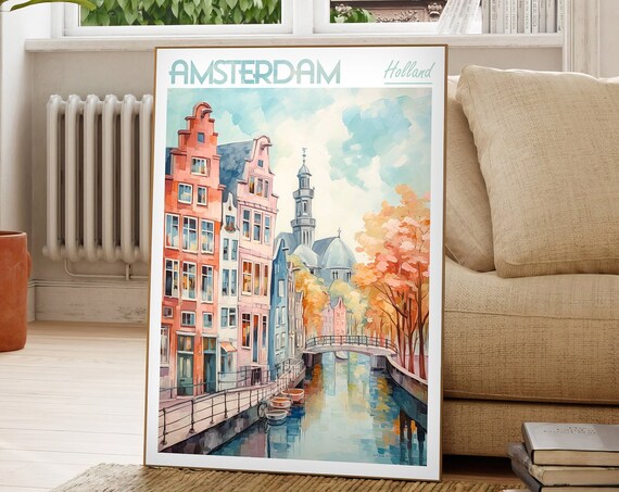 Amsterdam Holland Watercolor Canal Autumn Bridge Travel Poster