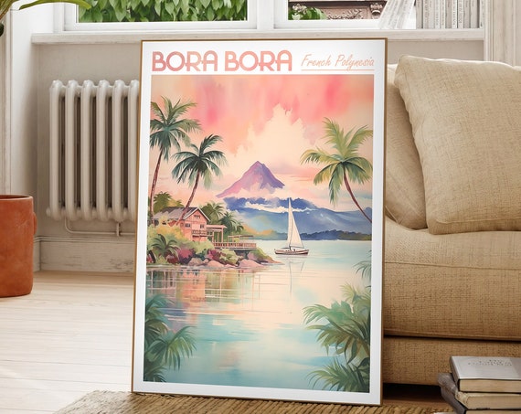 Bora Island Watercolor Travel Poster, French Polynesia