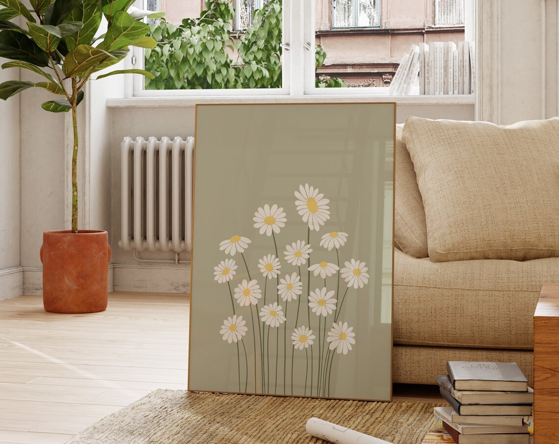 Sage Green Daisies Boho Floral Art Print