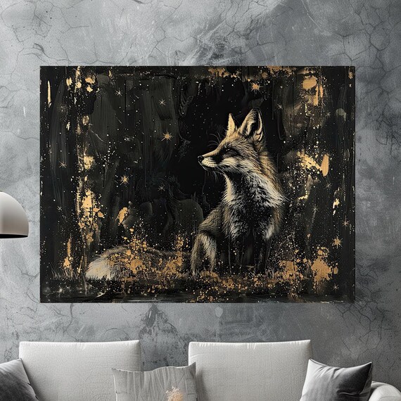 Fox Profile In A Gold And Black Starry Forest Painting Poster