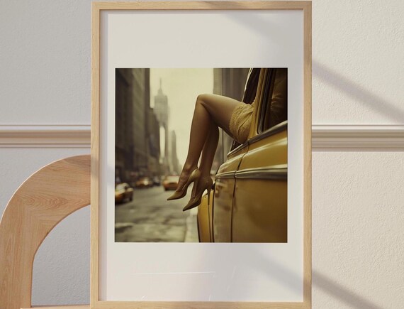 Woman Legs in Heels Out of Yellow NYC Taxi Cab Vintage Photo Poster