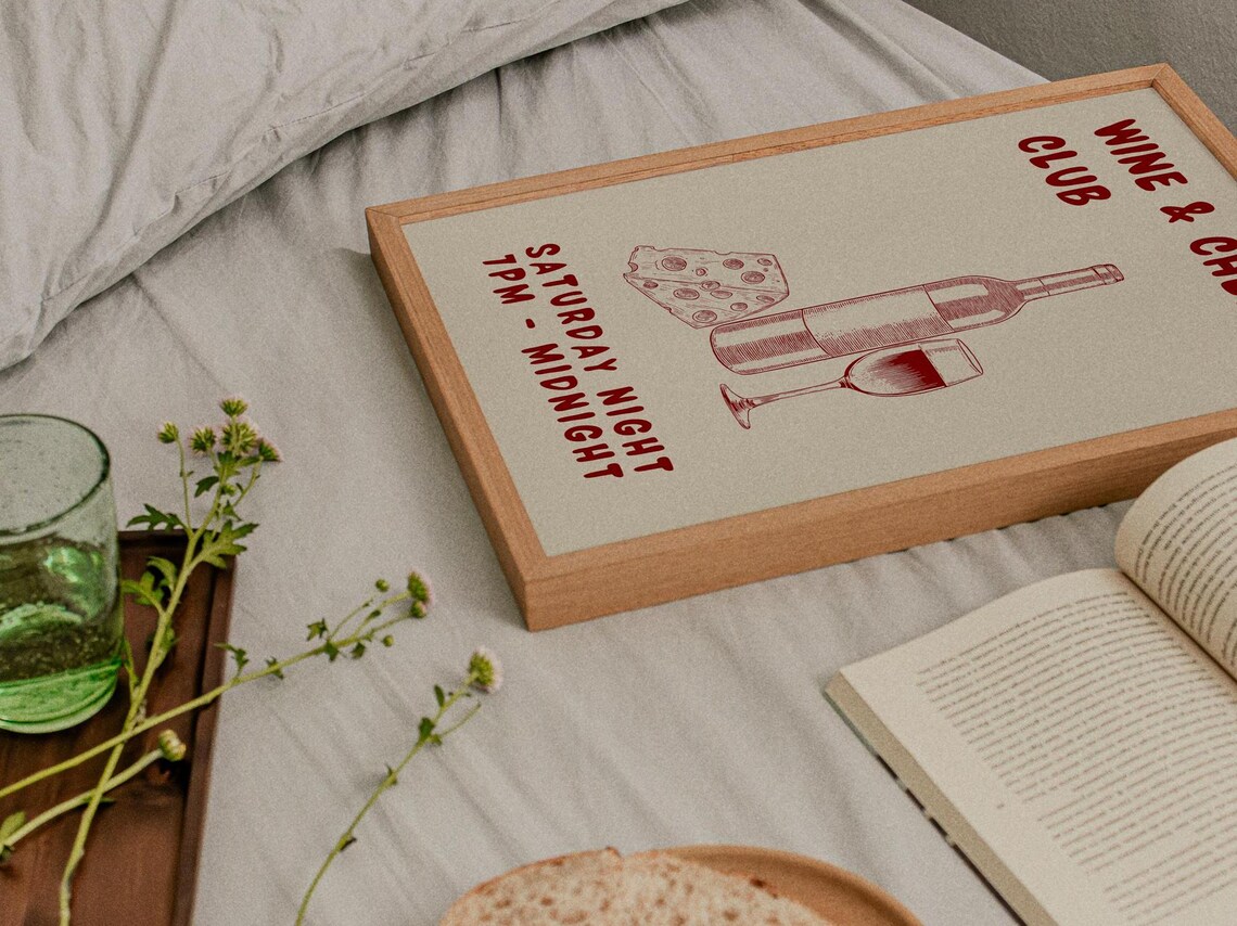 Wine And Cheese Club Wine Red Line Art Retro Kitchen Bar Poster - Image 3