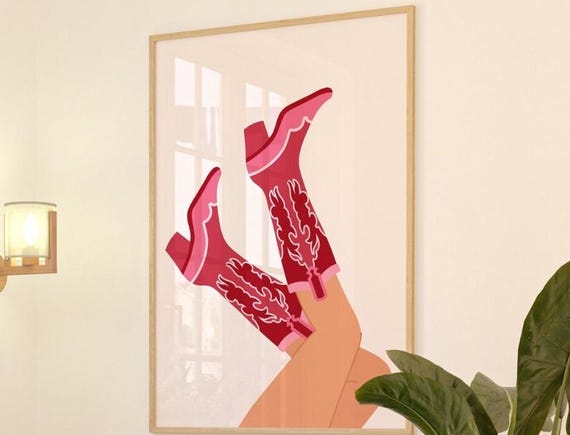 Cowgirl Boots Print Coastal Pink Painting Poster Western Nursery Southern Girl Dorm Room Wall Art Boho Preppy