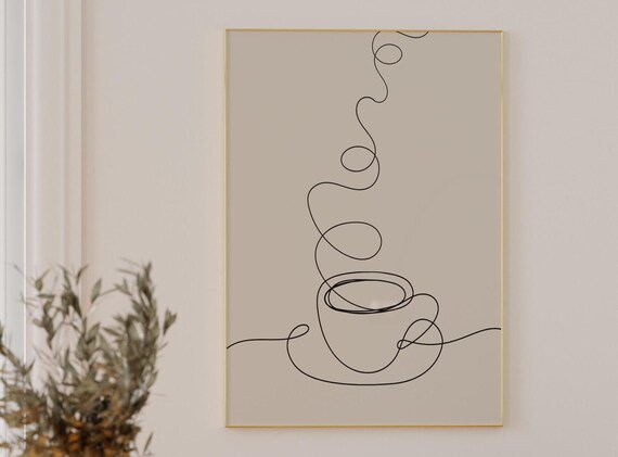 Minimal Single Line Coffee Cup Rising Steam Drawing Art Poster